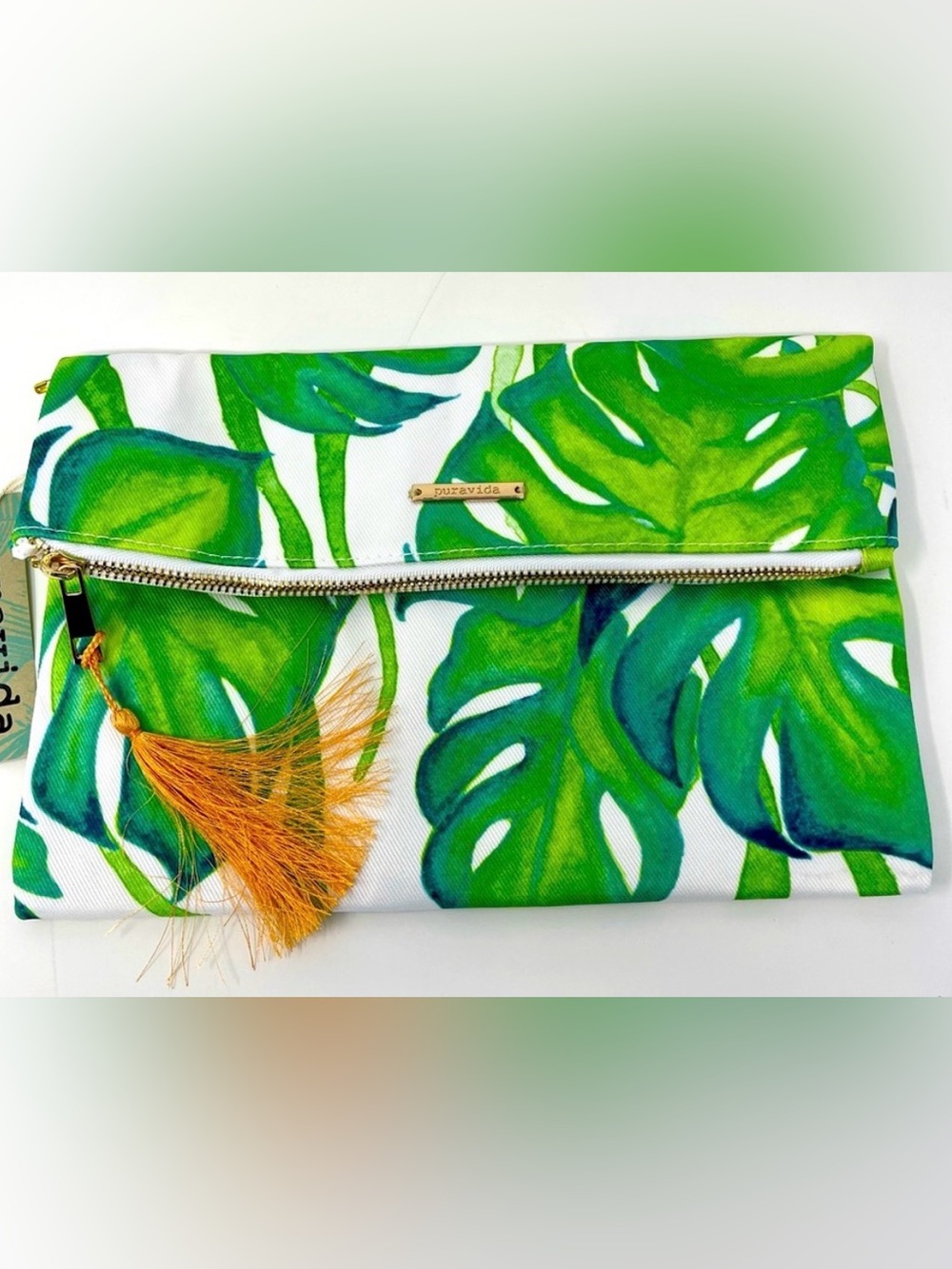 New Pura Vida Monstera Palm Leaf Print Clutch with Tassel